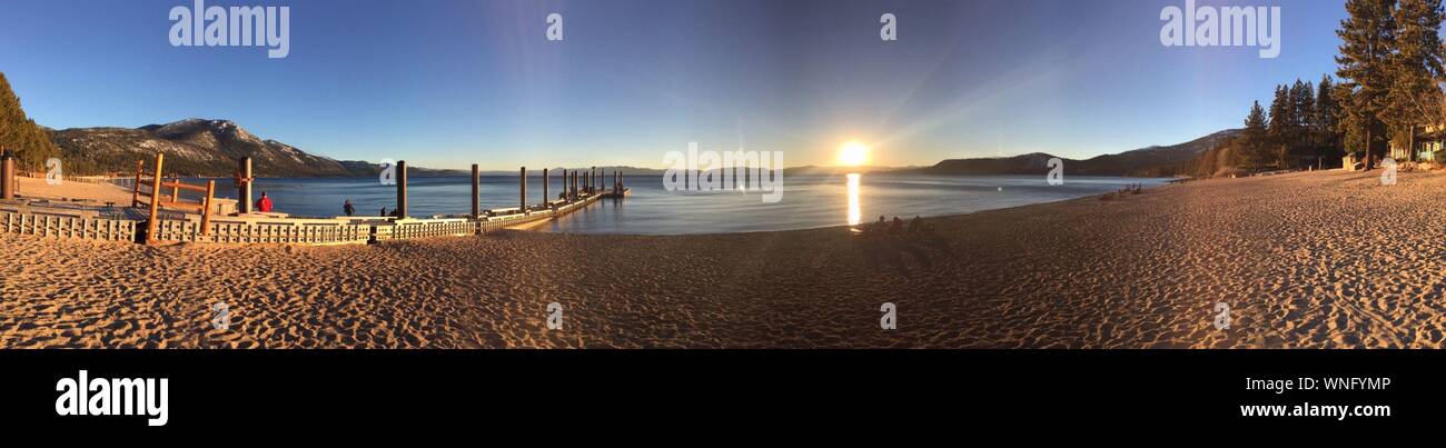 Panoramic View Of Lake Tahoe Against Clear Sky Stock Photo