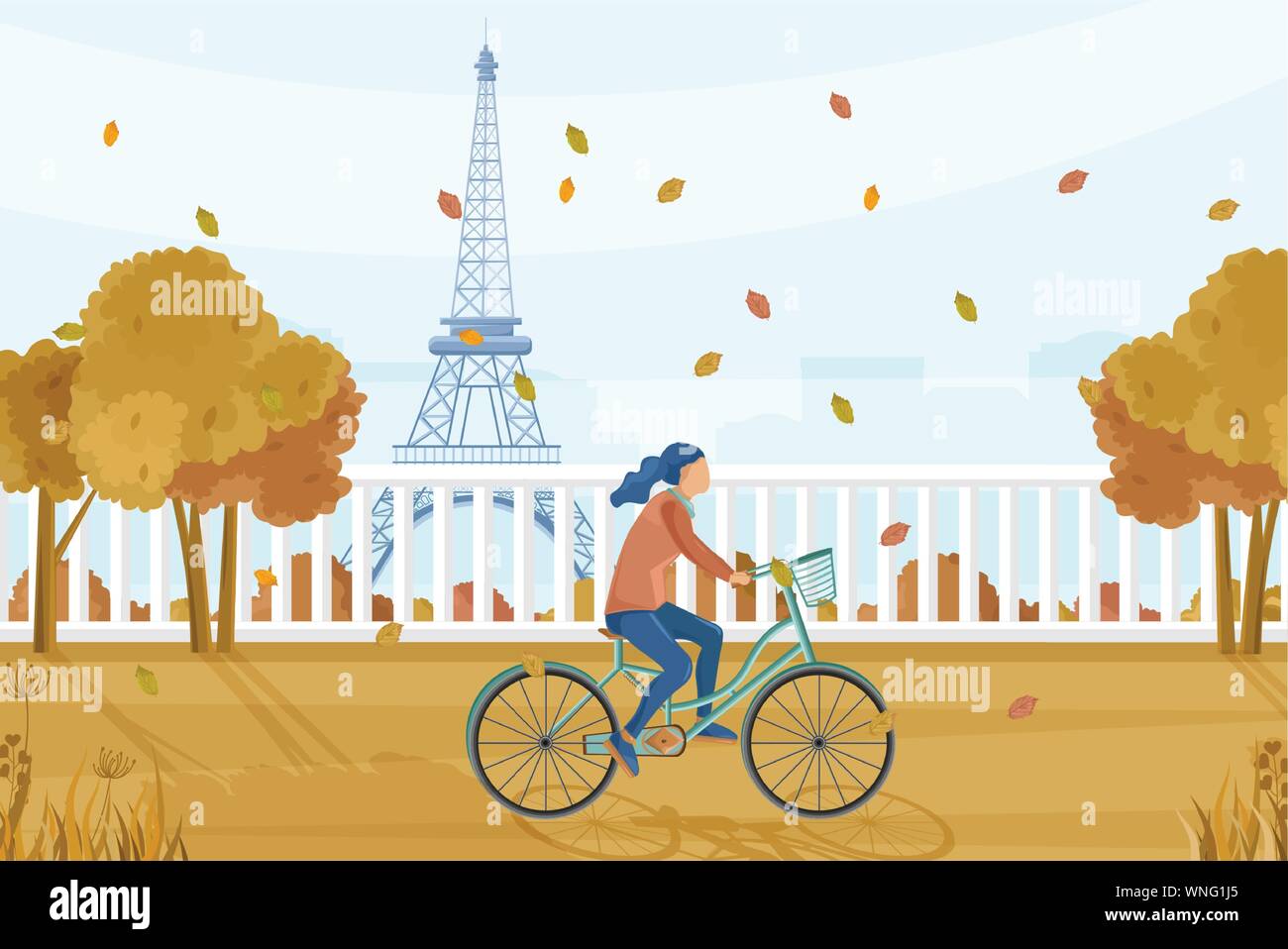 Woman on bicycle in Paris autumn Vector. Fall season lifestyle cycling in  park. Eiffel Tower on background Stock Vector Image & Art - Alamy
