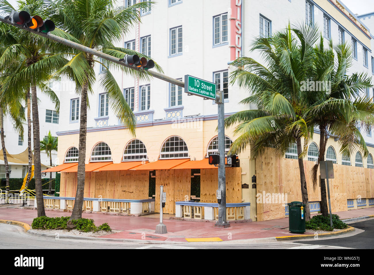 MIAMI - SEPTEMBER 3, 2019: Businesses on Ocean Drive remain boarded up after the threat of Hurricane Dorian disrupted Labor Day celebrations. Stock Photo