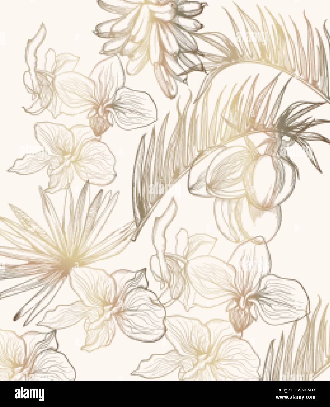 Golden tropic flowers vector line art. Summer floral frame decoration ...