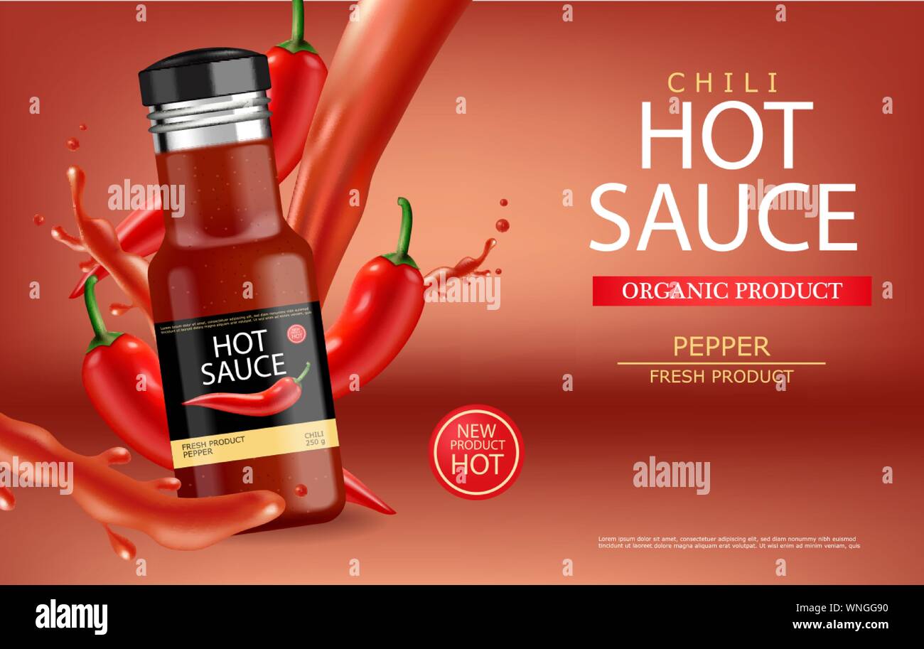 Hot Chilli Sauce Vector Realistic With Splash Product Placement Mock Up Bottle Label Design