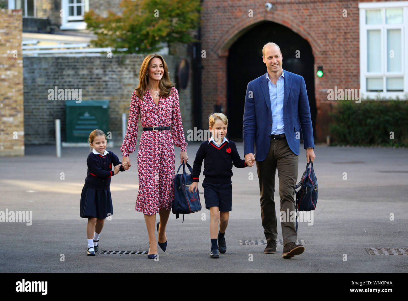 Beijing, China. 6th Sep, 2019. Britain's Princess Charlotte, accompanied by her mother Catherine, Duchess of Cambridge, her father Prince William, Duke of Cambridge, and brother Prince George, arrives for her first day of school at Thomas's Battersea in London, Britain, Sept. 5, 2019. Credit: Xinhua/Alamy Live News Stock Photo