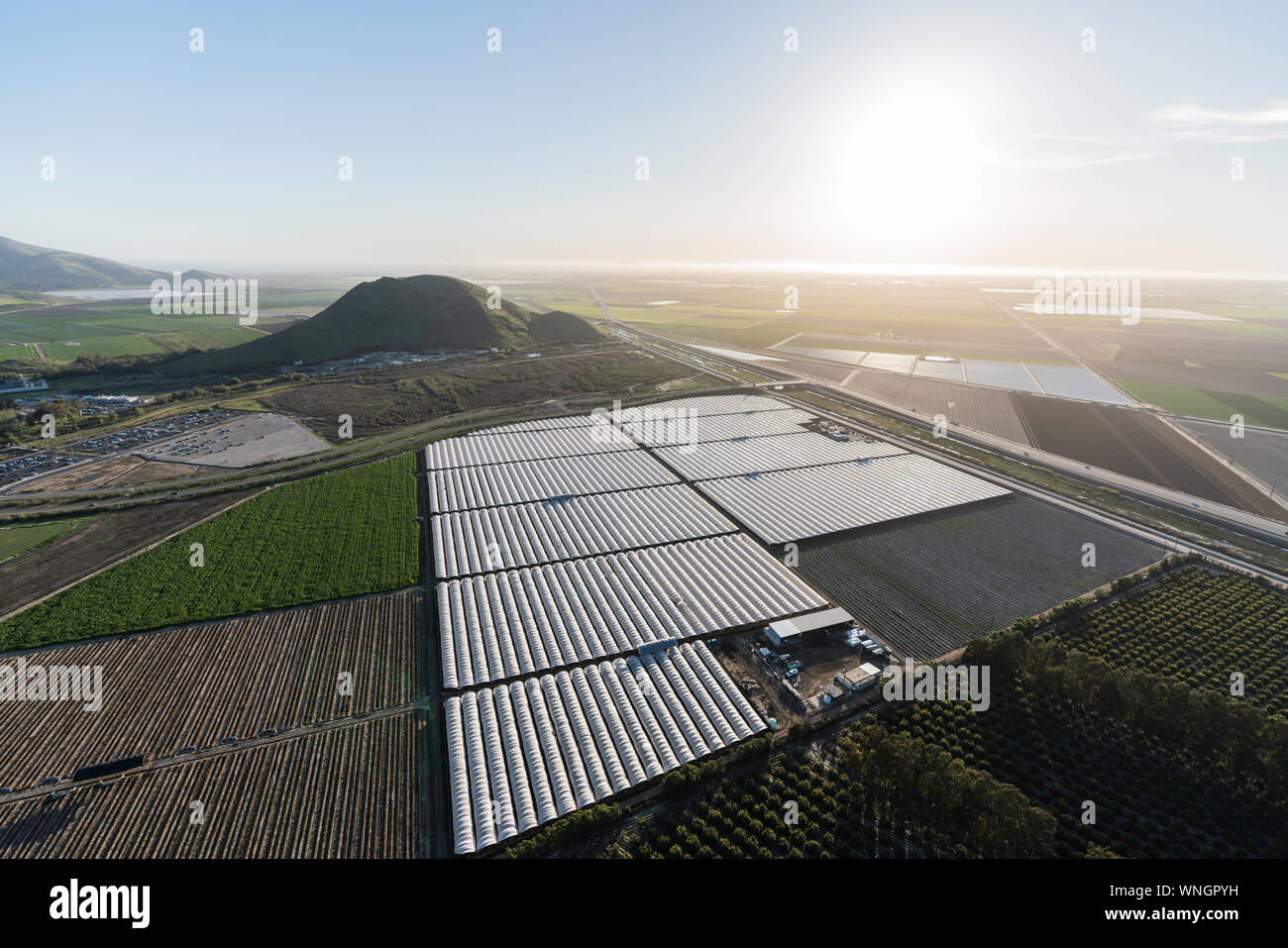 Aerial view of coastal farm fields near Oxnard and Camarillo in scenic