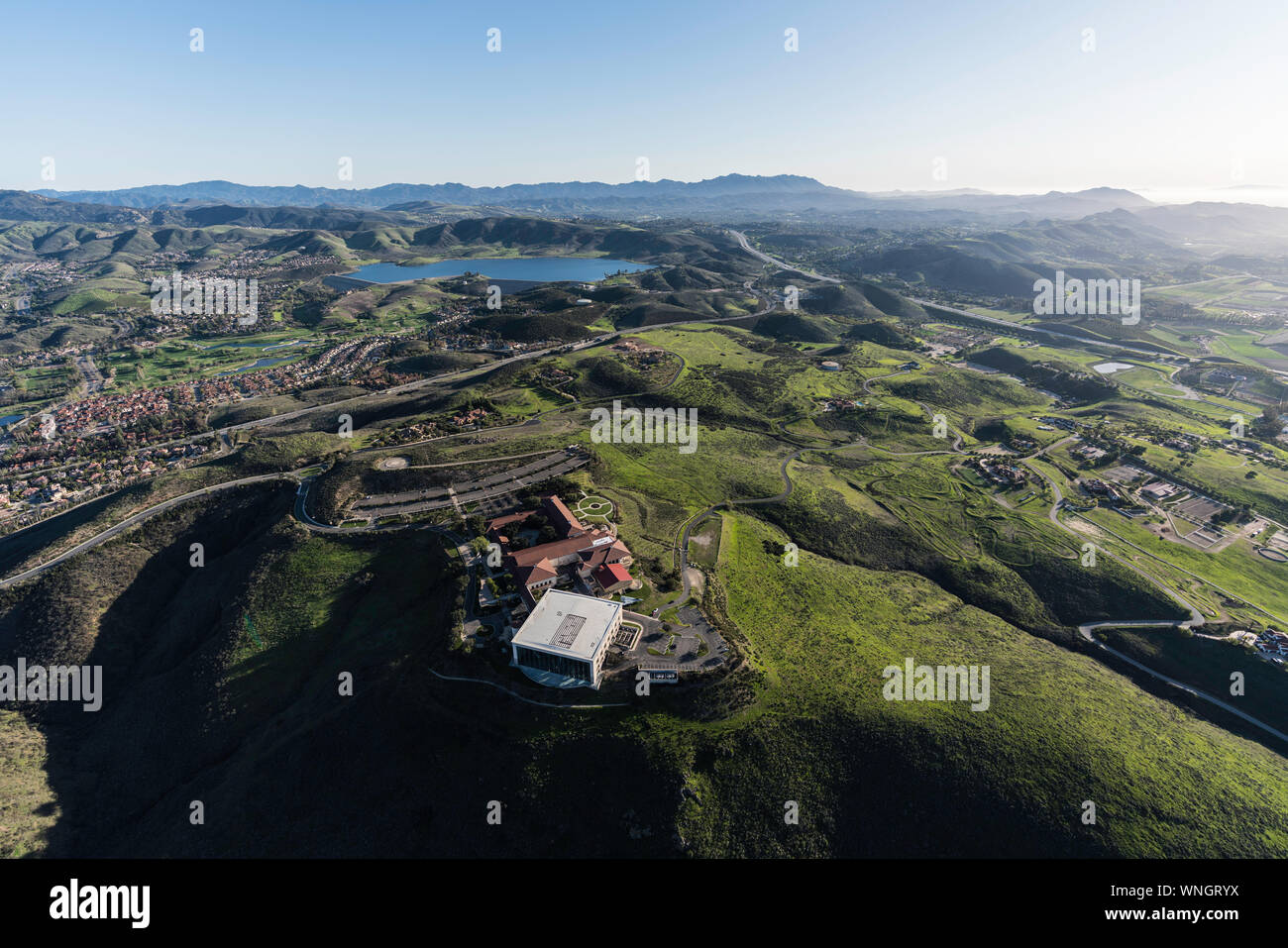 Simi Valley, California, USA - March 26, 2018:  Aerial view of Ronald Reagan Presidential Library and Center for Public Affairs and suburban valleys i Stock Photo