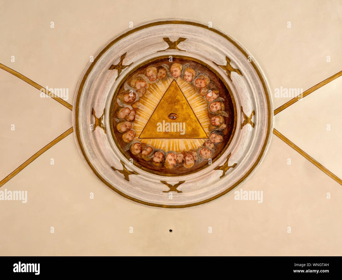 BRIXEN - BRESSANONE, ITALY - AUGUST 31, 2019: The all-seeing eye in the interior ceiling of the Church of the Guardian Angel. Stock Photo
