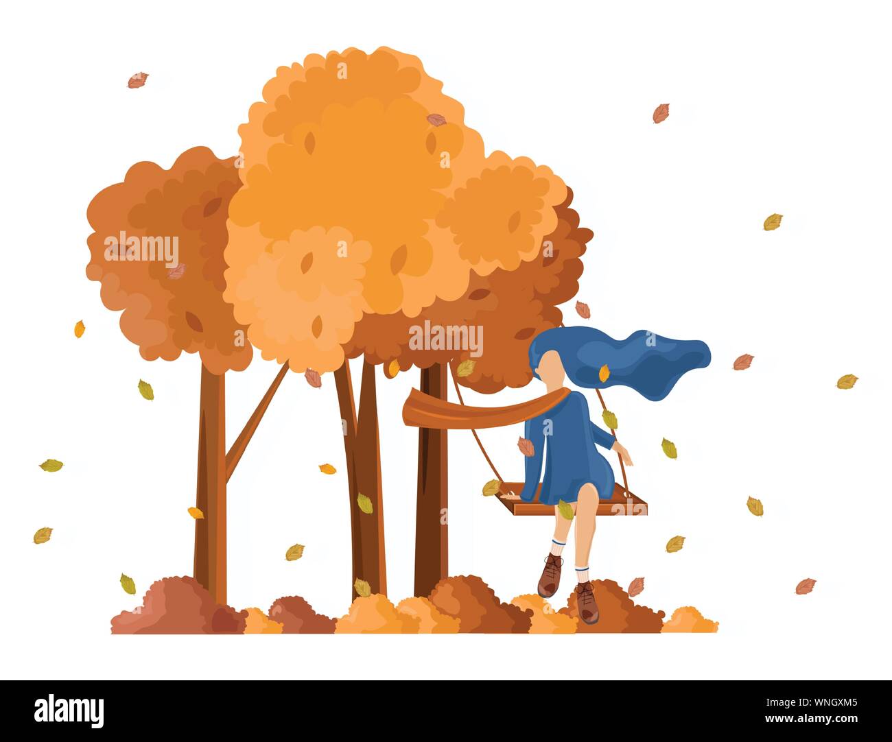 Girl On A Swing Fall Season Vector Flat Style Autumn