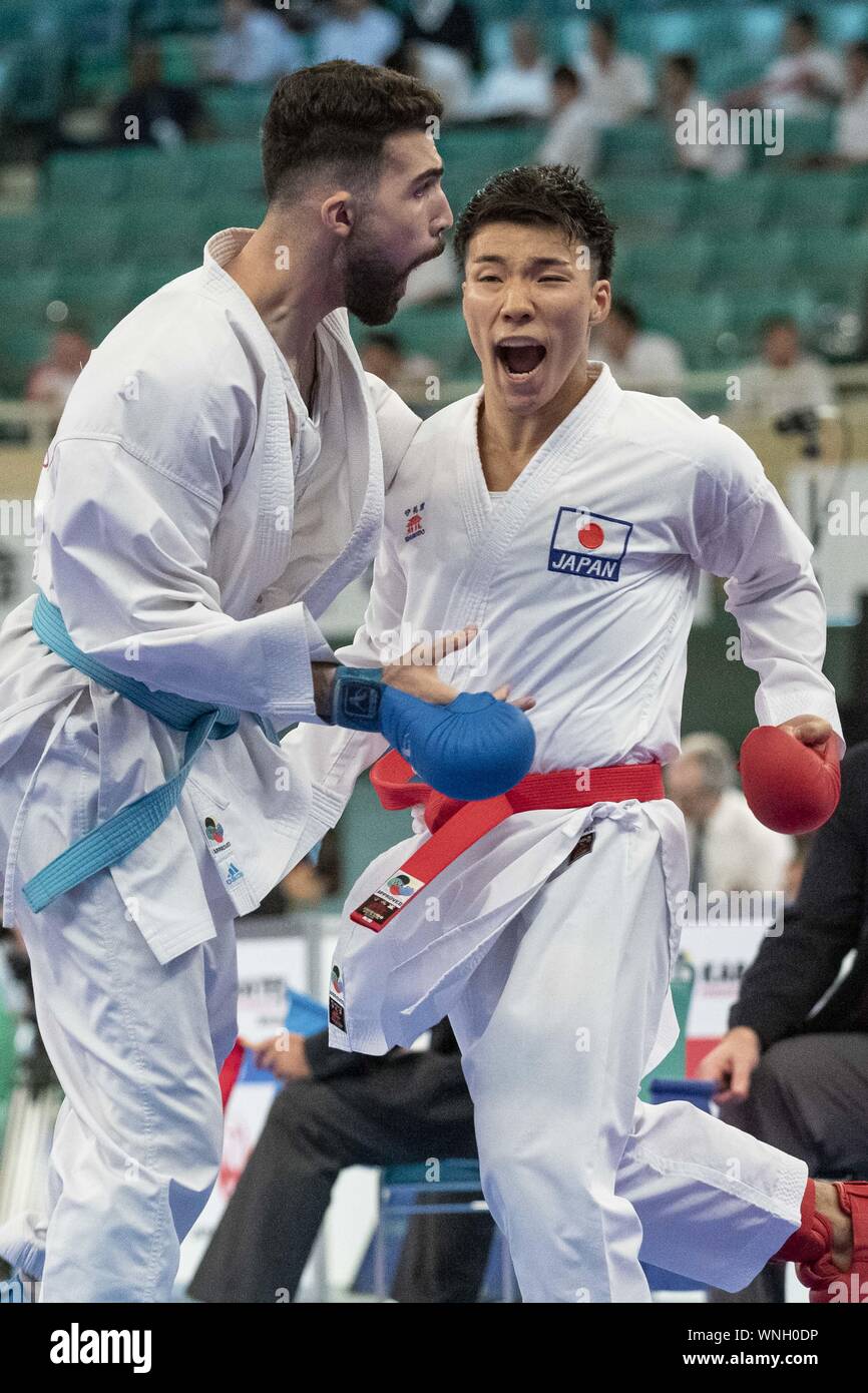 Tokyo, Japan. 6th Sep, 2019. Yugo Kozaki of Japan (red) fights against  Seyedali Karimi of Islamic Republic of Iran (blue) during the Repechage of  Male Kumite's -67kg category at Karate1 Premier League