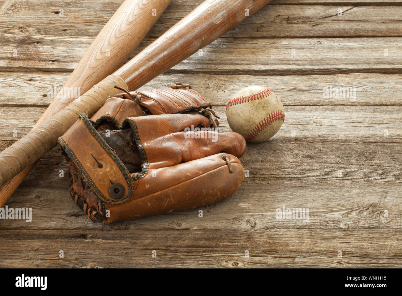 Closeup Baseball Gloves Ball And Bats Stock Photo Alamy