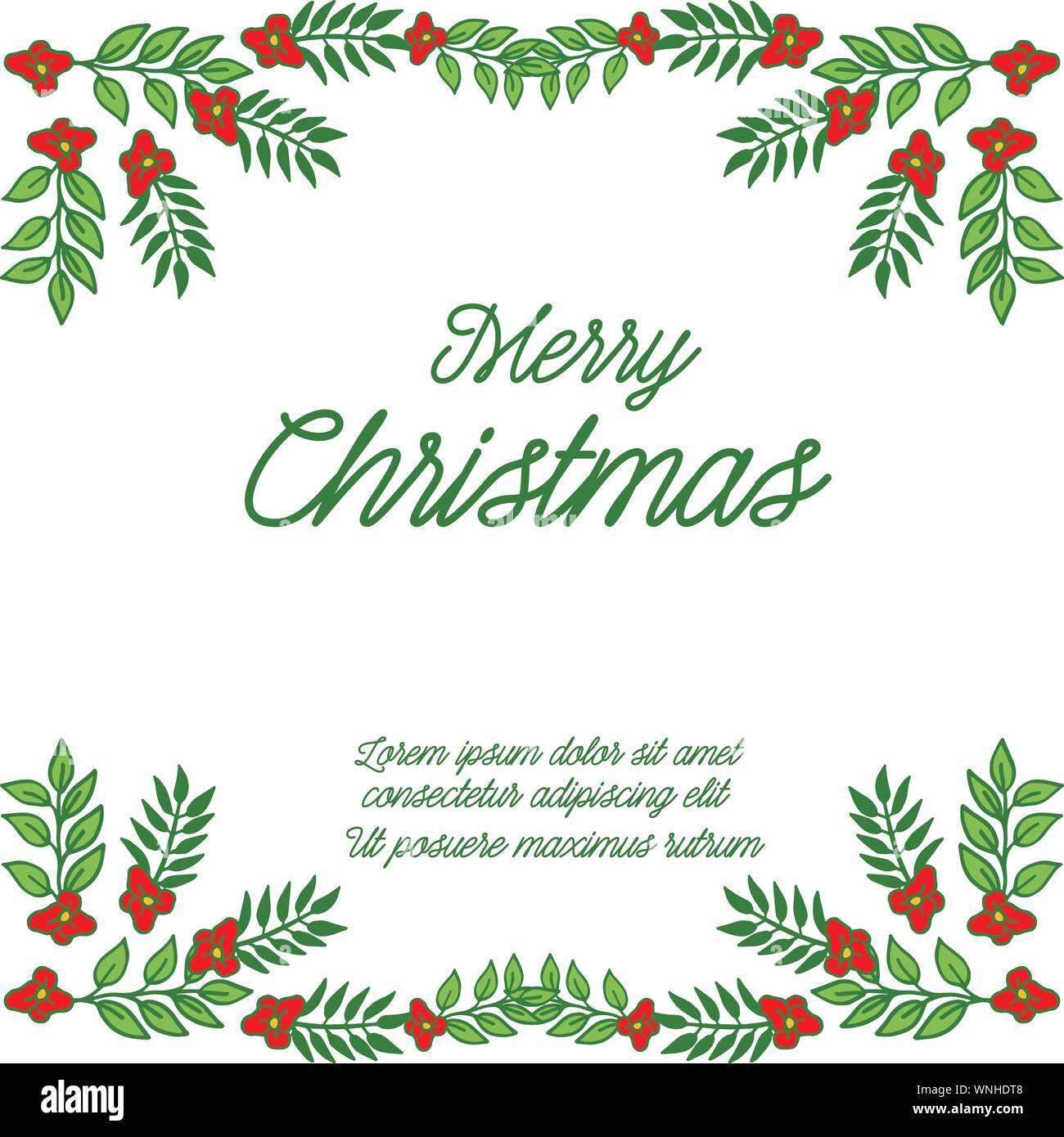 Greeting card merry christmas, with bright green leaves and red wreath ...