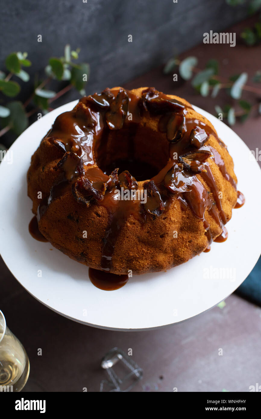 Festive bundt cake with dates and salted caramel. Sticky toffee pudding