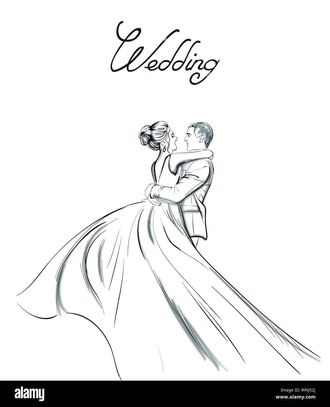 Wedding Couple Vector Line Art Lovely Couple Hugs Bride And