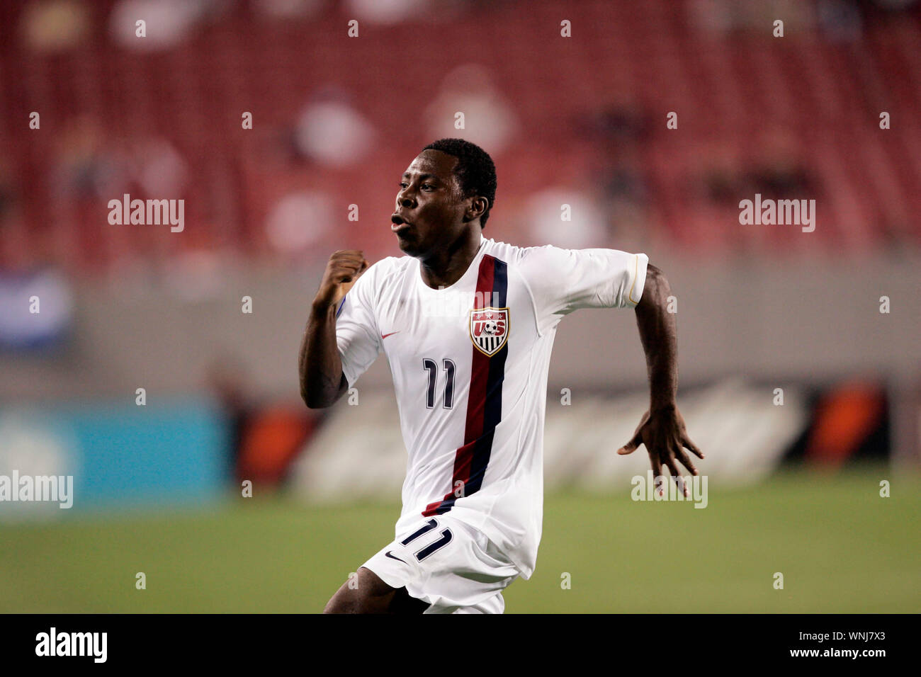 United States Under-23 Men's National Team forward Freddy Adu (11) celebrates a first half goal during a 2008 CONCACAF Olympic Qualifying game. Stock Photo