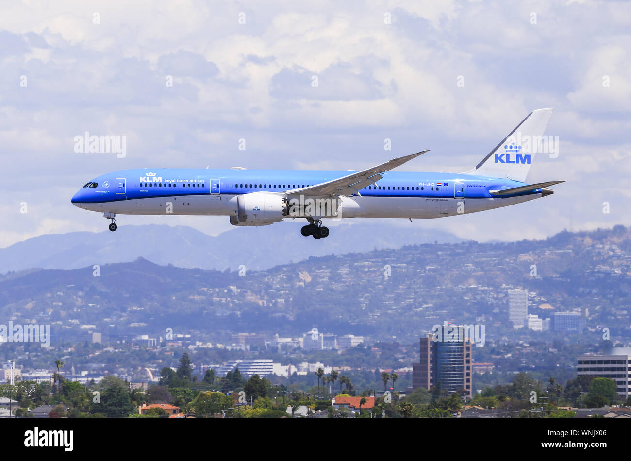 Los Angeles, California, USA - May 22, 2019: A KLM Boeing 787 Dreamliner lands at the Los Angeles International Airport (LAX). Stock Photo