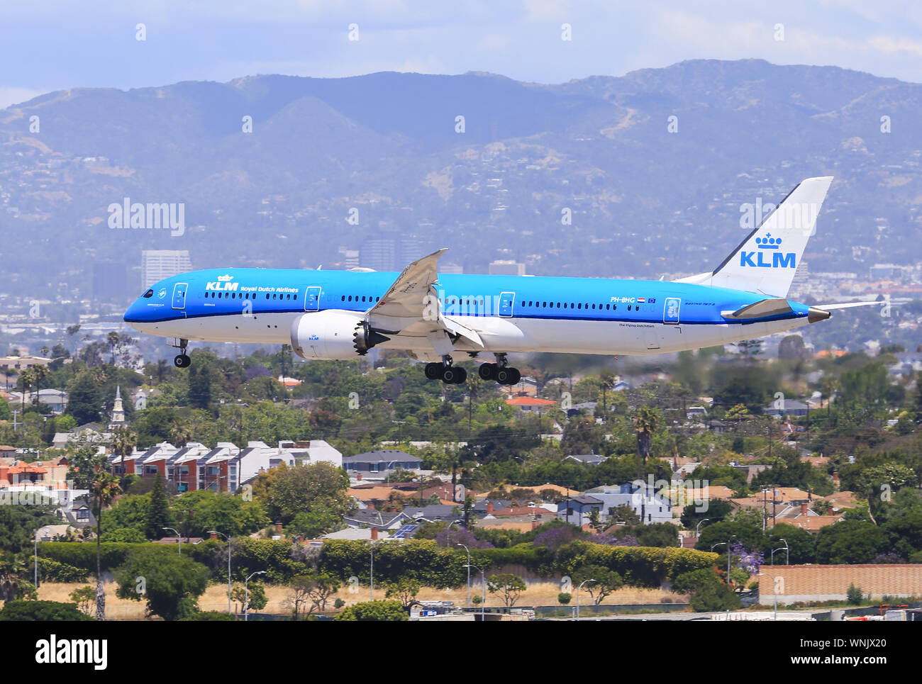 Los Angeles, California, USA - May 22, 2019: A KLM Boeing 787 Dreamliner lands at the Los Angeles International Airport (LAX). Stock Photo