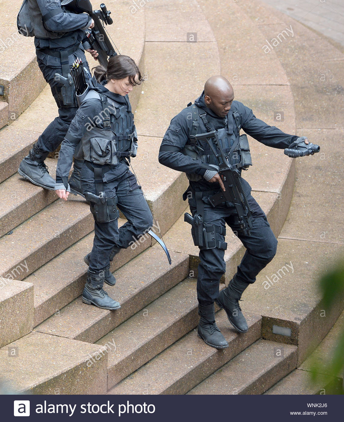 Noisy Le Grand France Jennifer Lawrence Josh Hutcherson Liam Hemsworth Sam Claflin Natalie Dormer And Evan Ross Film Scenes For Their Upcoming Movie The Hunger Games Mockingjay In France The Group Was All