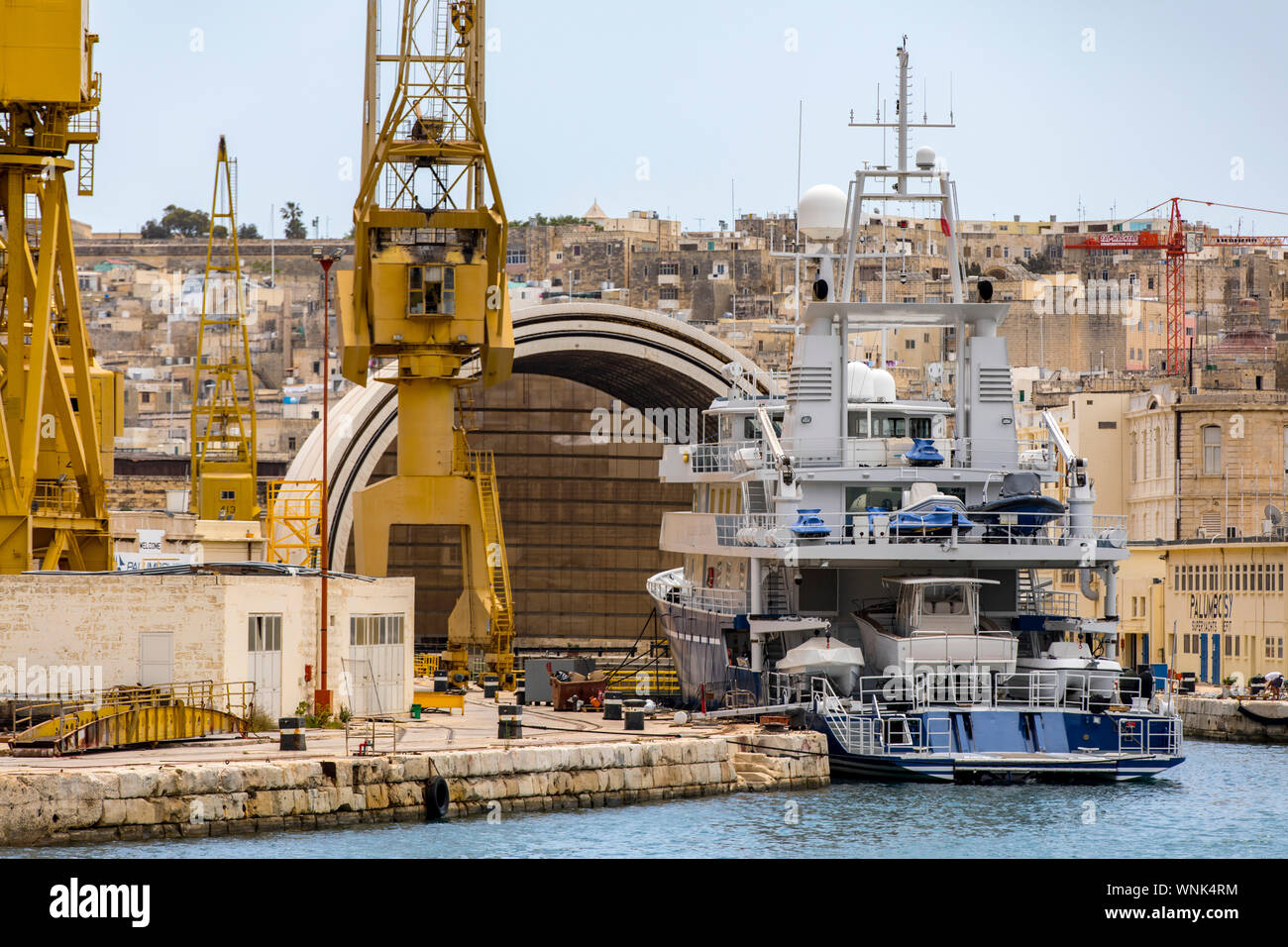Malta, Grand Harbour, port with shipyards, docks, workshops for ships, Stock Photo