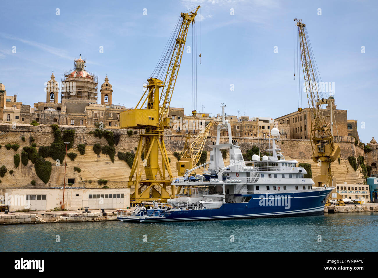 Malta, Grand Harbour, port with shipyards, docks, workshops for ships, Stock Photo