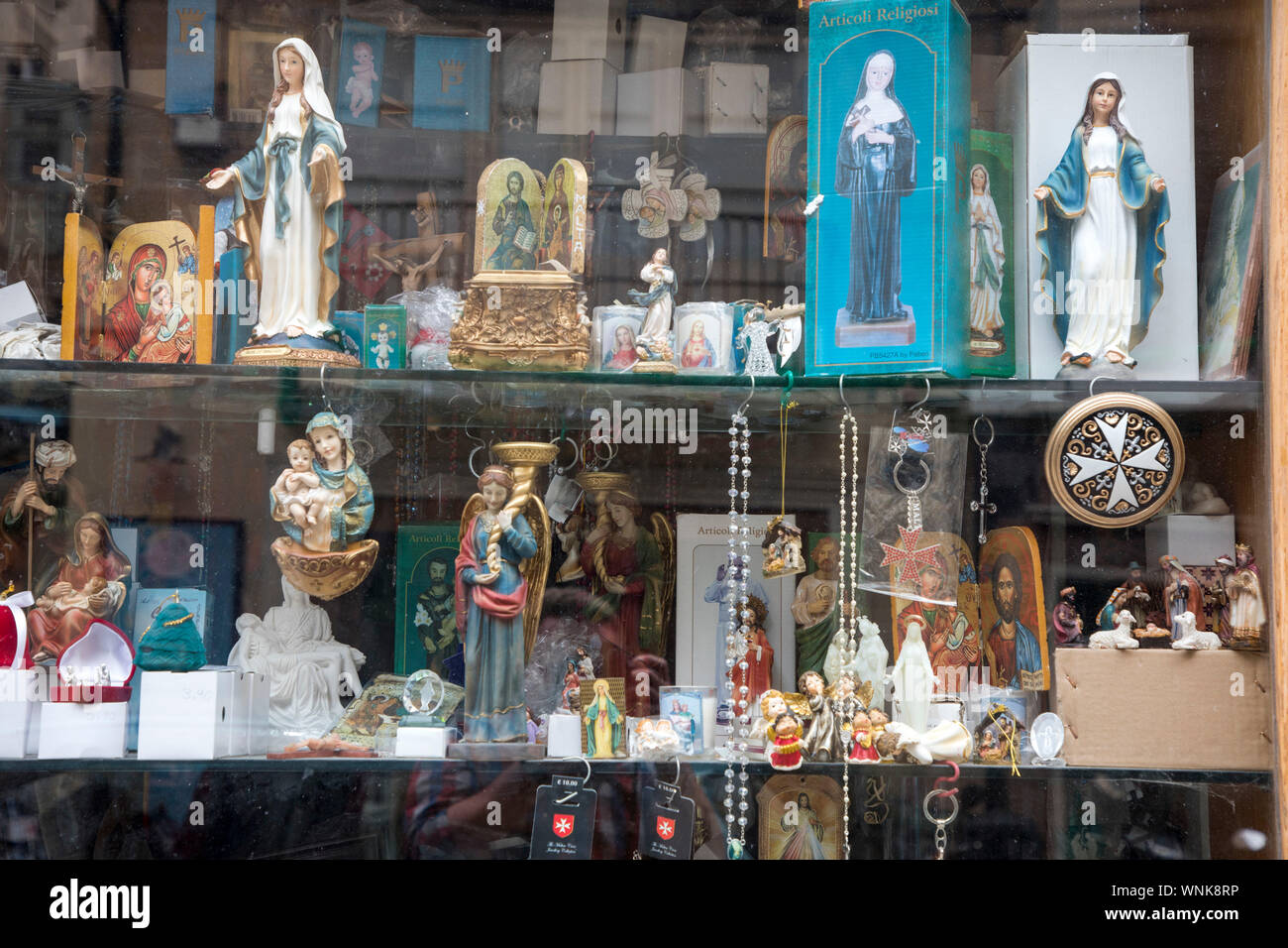Valetta, Malta, shop window of a shop for religious articles in the old