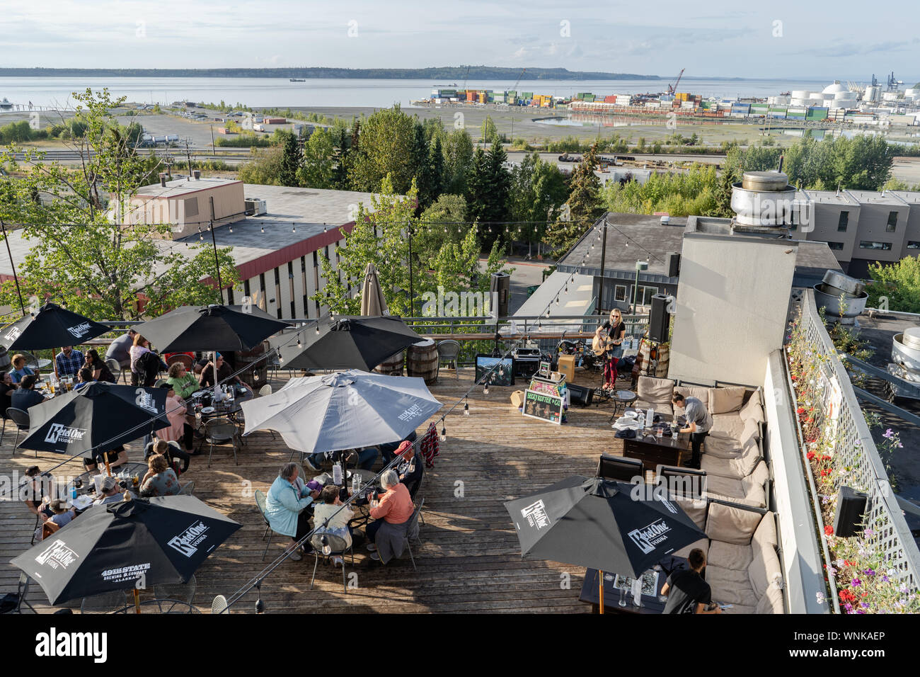 View from above 49th State Brewing Co, a popular rooftop bar in Anchorage, Alaska Stock Photo