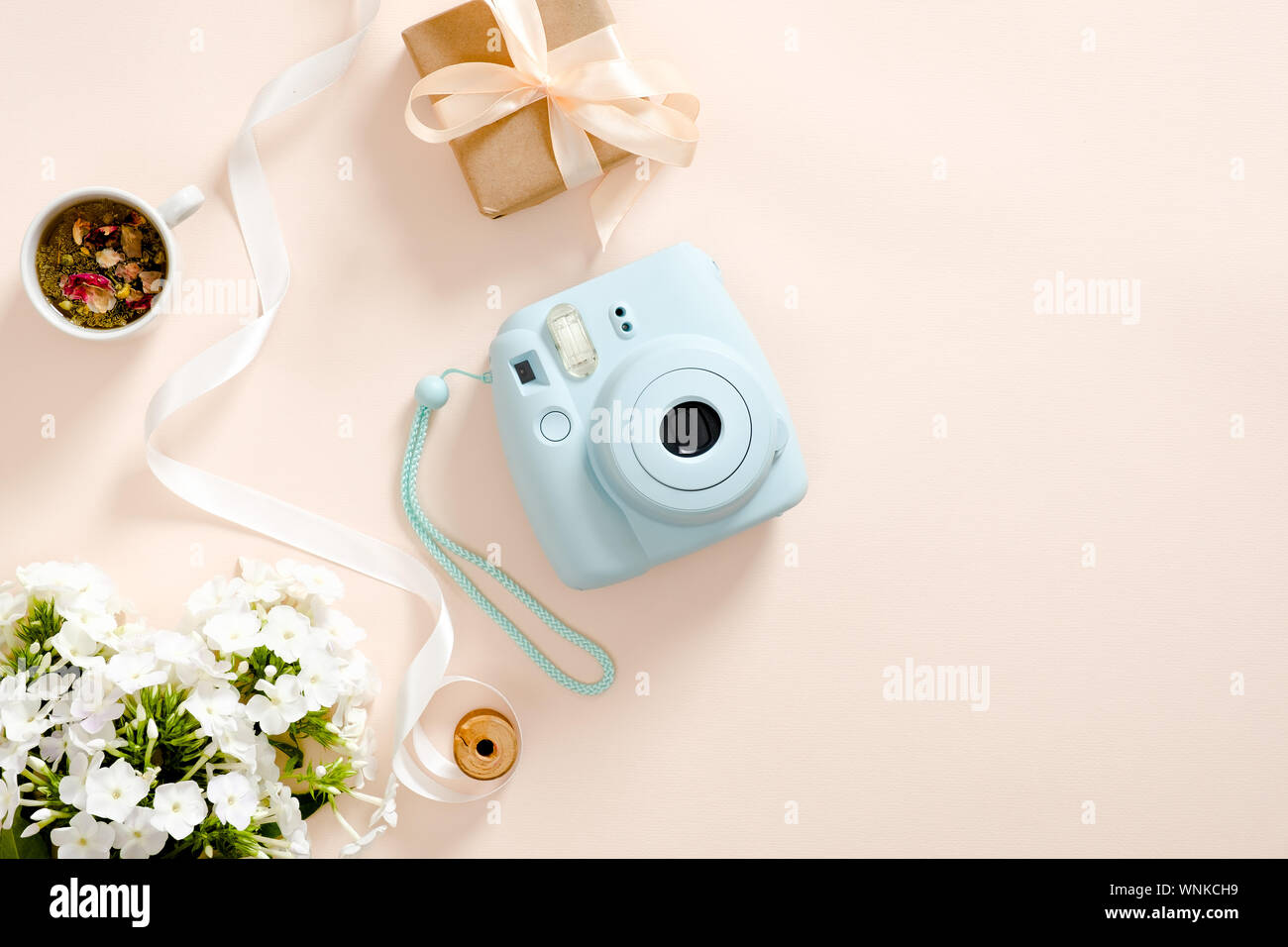 Modern instant camera, daisy flowers, cup of tea, gift box, ribbon on  pastel pink background. Flat lay, top view, overhead. Fashion blogger  workspace Stock Photo - Alamy