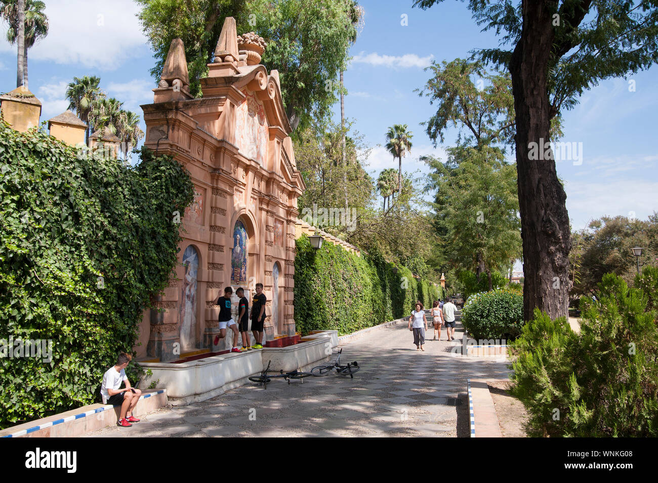 SPAIN, SEVILLE: A beautiful fountain outside of the Alcazar Palace gardens. Stock Photo