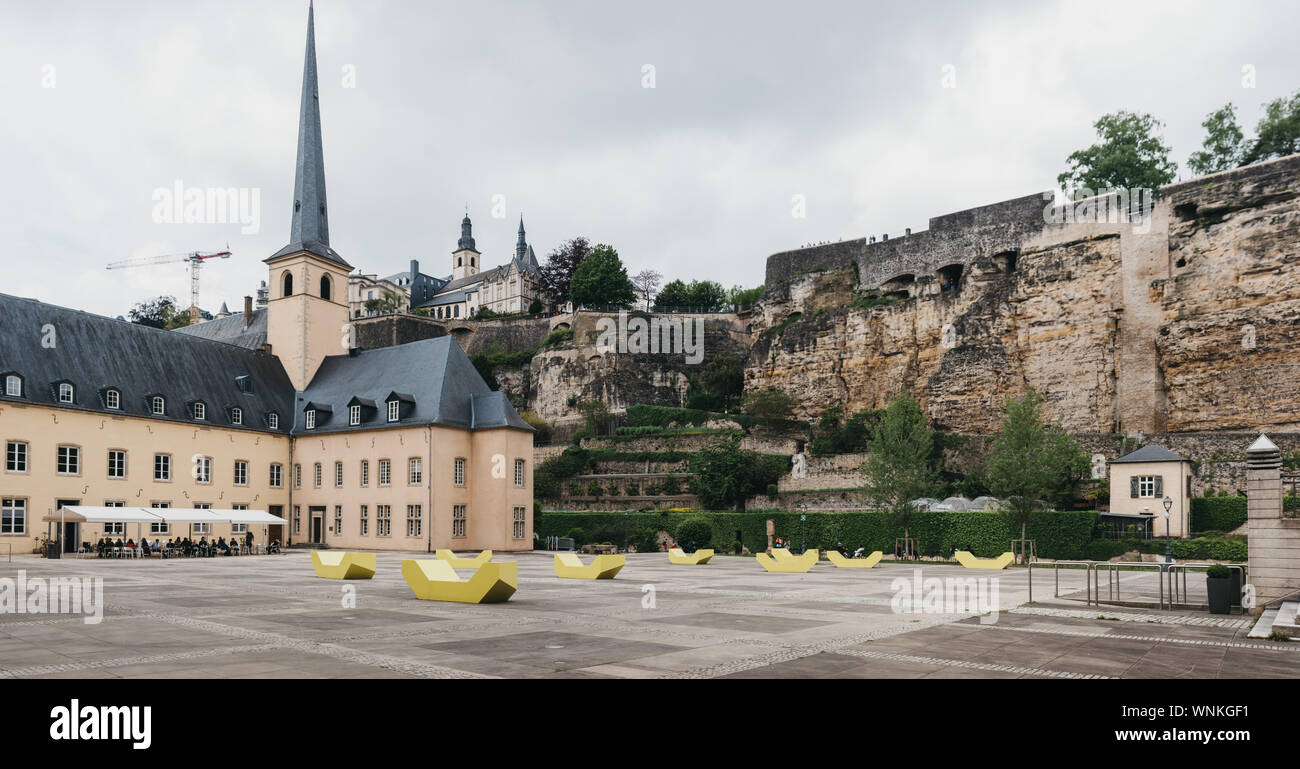 Luxembourg City,Luxembourg - May 19, 2019: Panorama of Old Town square in Luxembourg, Bock Casemates, a vast complex of underground tunnels & gallerie Stock Photo