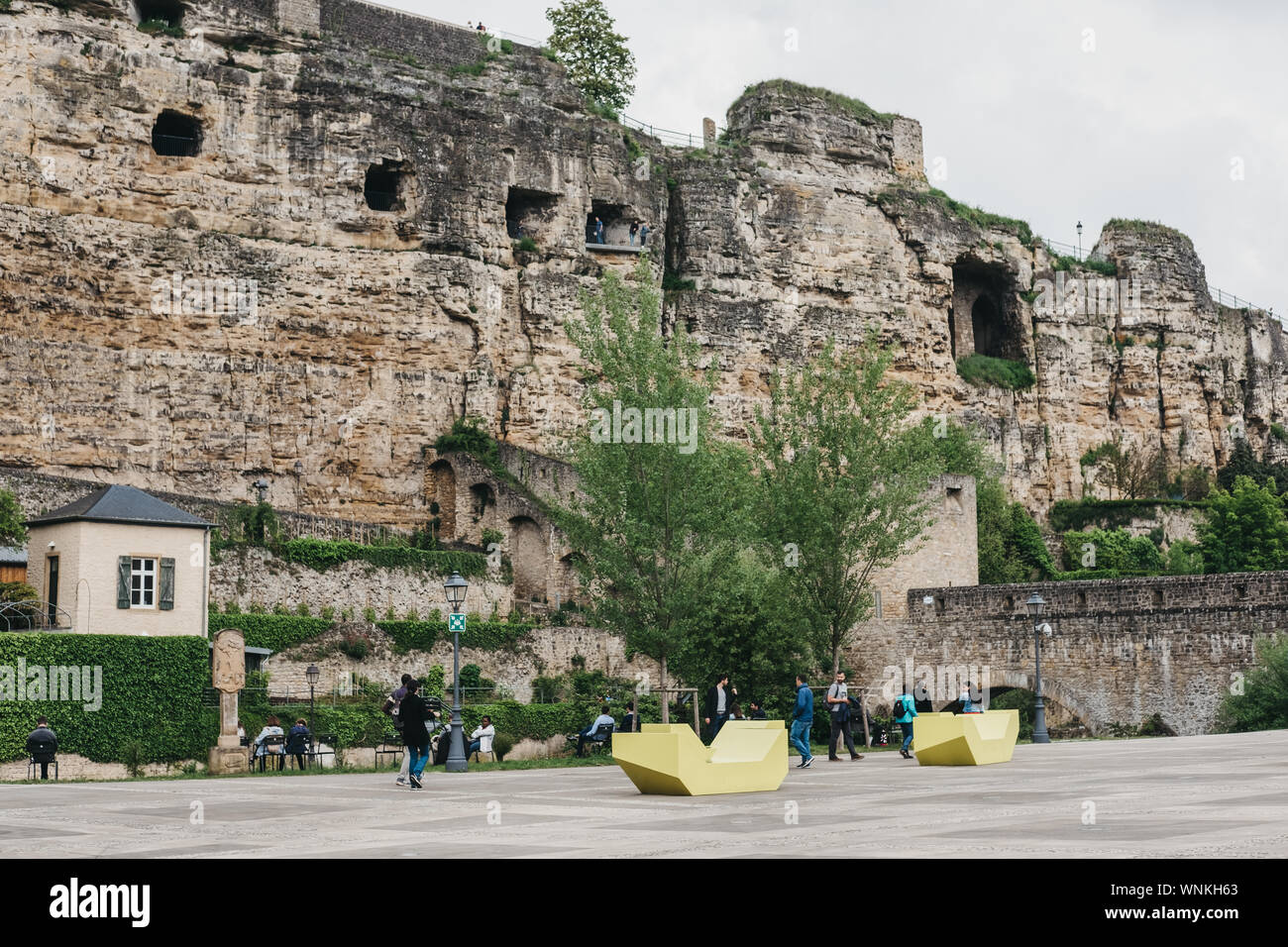 Luxembourg City,Luxembourg - May 19, 2019: People walking in Old Town of Luxembourg, Bock Casemates, a vast complex of underground tunnels & galleries Stock Photo