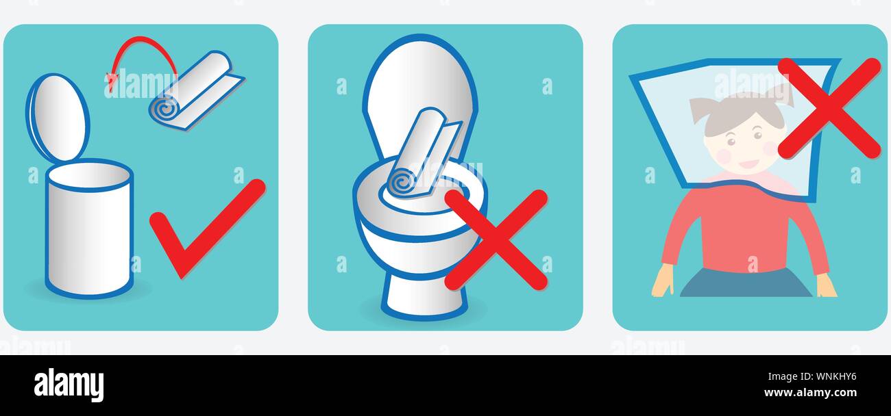 Set  of icons for  disposable baby changing pads: throw it to the litter bin, do not throw it into toilet, do not put it on your head Stock Vector