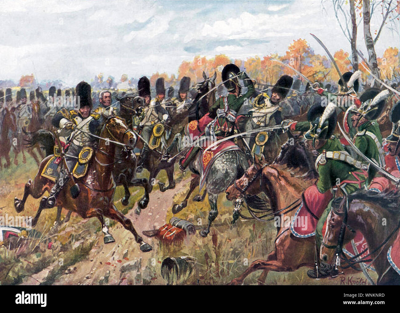 BATTLE OF HANAU 30/31 October 1813. The charge of the French Grenadiers cavalry against the Bavarian light cavalry Stock Photo