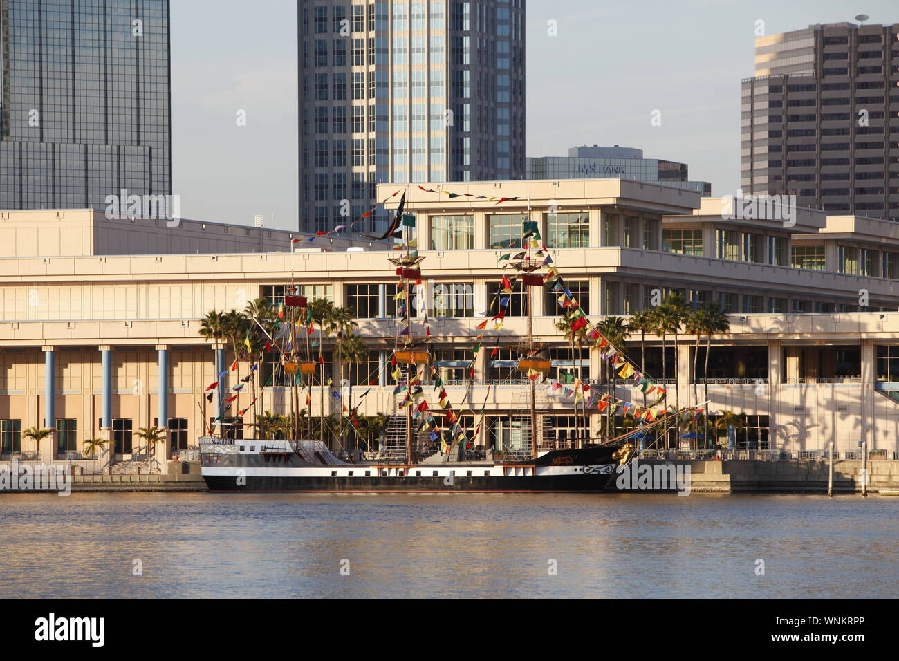 Gasparilla pirate ship is docked at the Tampa Convention Center in Downtown Tampa. Stock Photo