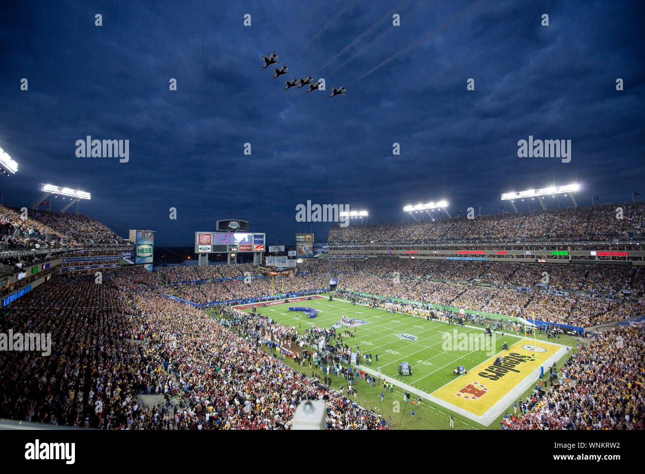 The United States Air Force Thunderbirds perform a flyover during the national anthem before the Super Bowl XLIII in Tampa, Florida. Stock Photo