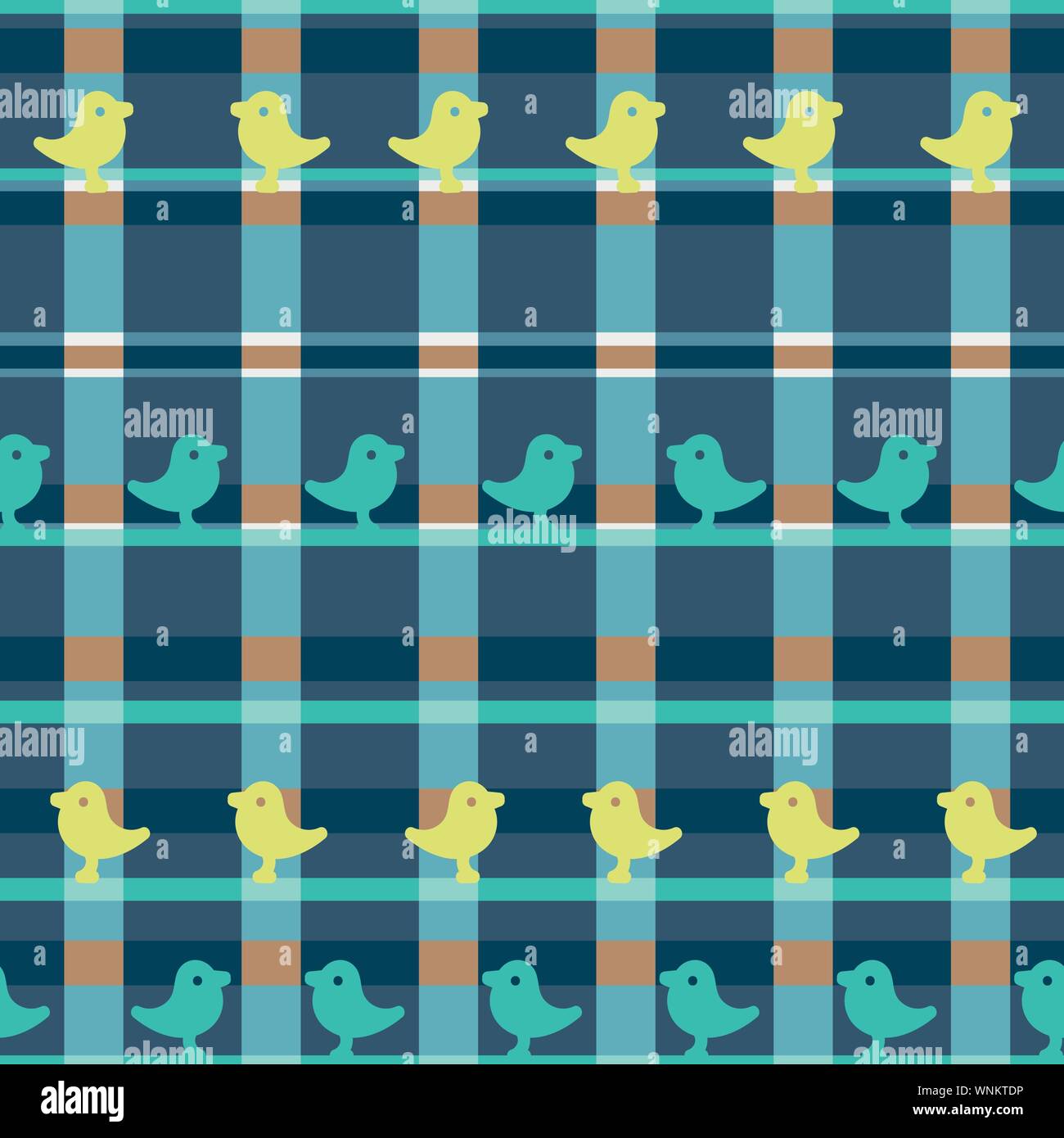 seamless vector plaid pattern with colored rectangles and bird silhouettes Stock Vector