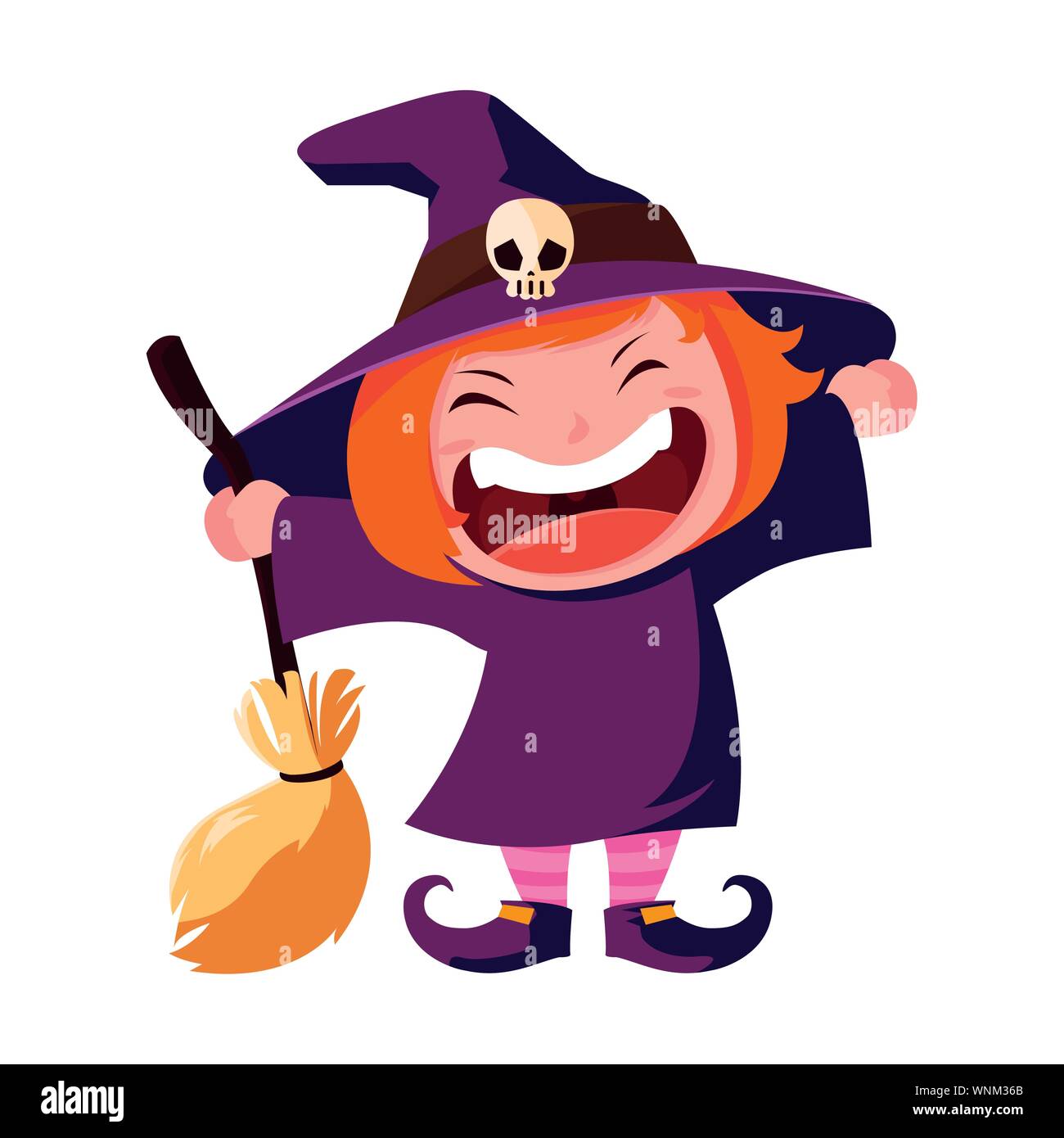 smiling girl in witch costume with broom halloween vector illustration ...
