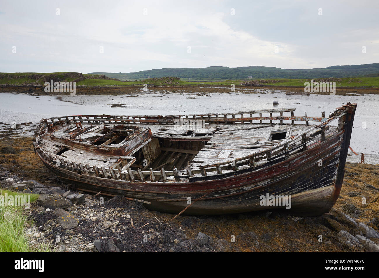 Abandoned fishing boat near Croig, Ugaig, Isle of Mull, Scotland, UK. Ship wrecks Stock Photo