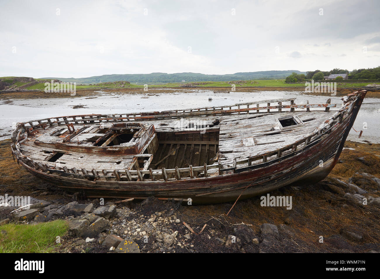 Abandoned fishing boat near Croig, Ugaig, Isle of Mull, Scotland, UK. Ship wrecks Stock Photo