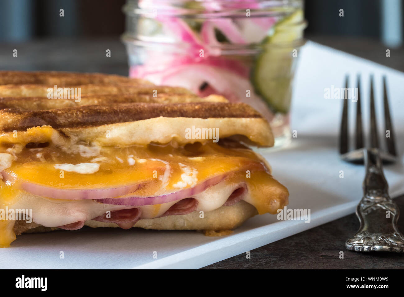 Close-up Of Panini Sandwich In Plate With Relish In Background Stock Photo