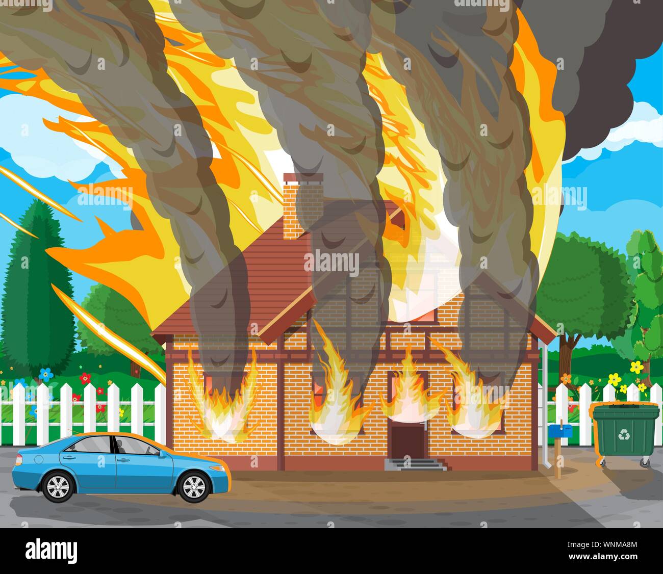 Wooden house burns. Fire in cottage. Orange flames in windows, black