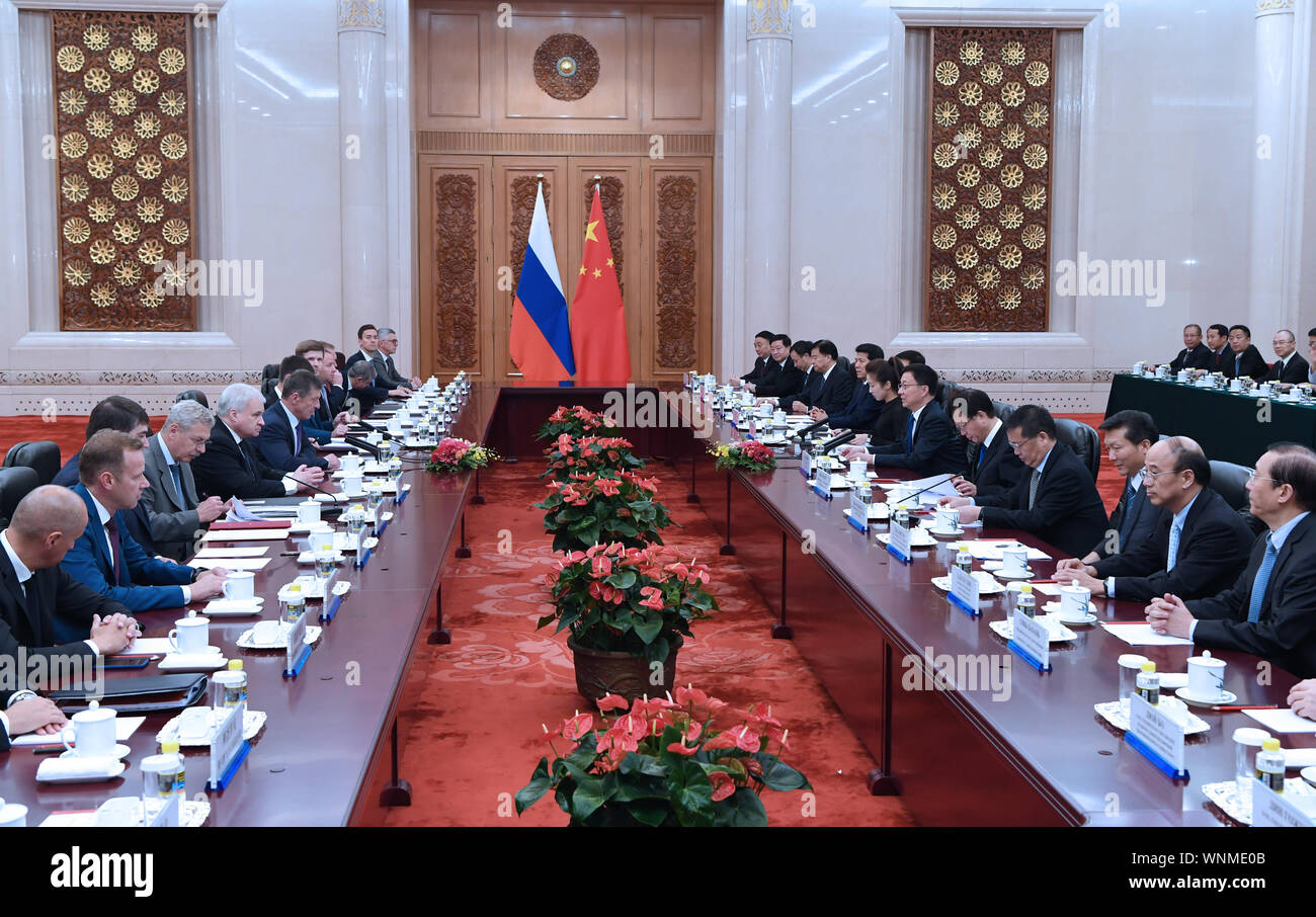 Beijing, China. 6th Sep, 2019. Chinese Vice Premier Han Zheng, also a member of the Standing Committee of the Political Bureau of the Communist Party of China Central Committee, meets with Russian Deputy Prime Minister Dmitry Kozak, and they co-chair the 16th meeting of the China-Russia Energy Cooperation Committee in Beijing, capital of China, Sept. 6, 2019. Credit: Rao Aimin/Xinhua/Alamy Live News Stock Photo