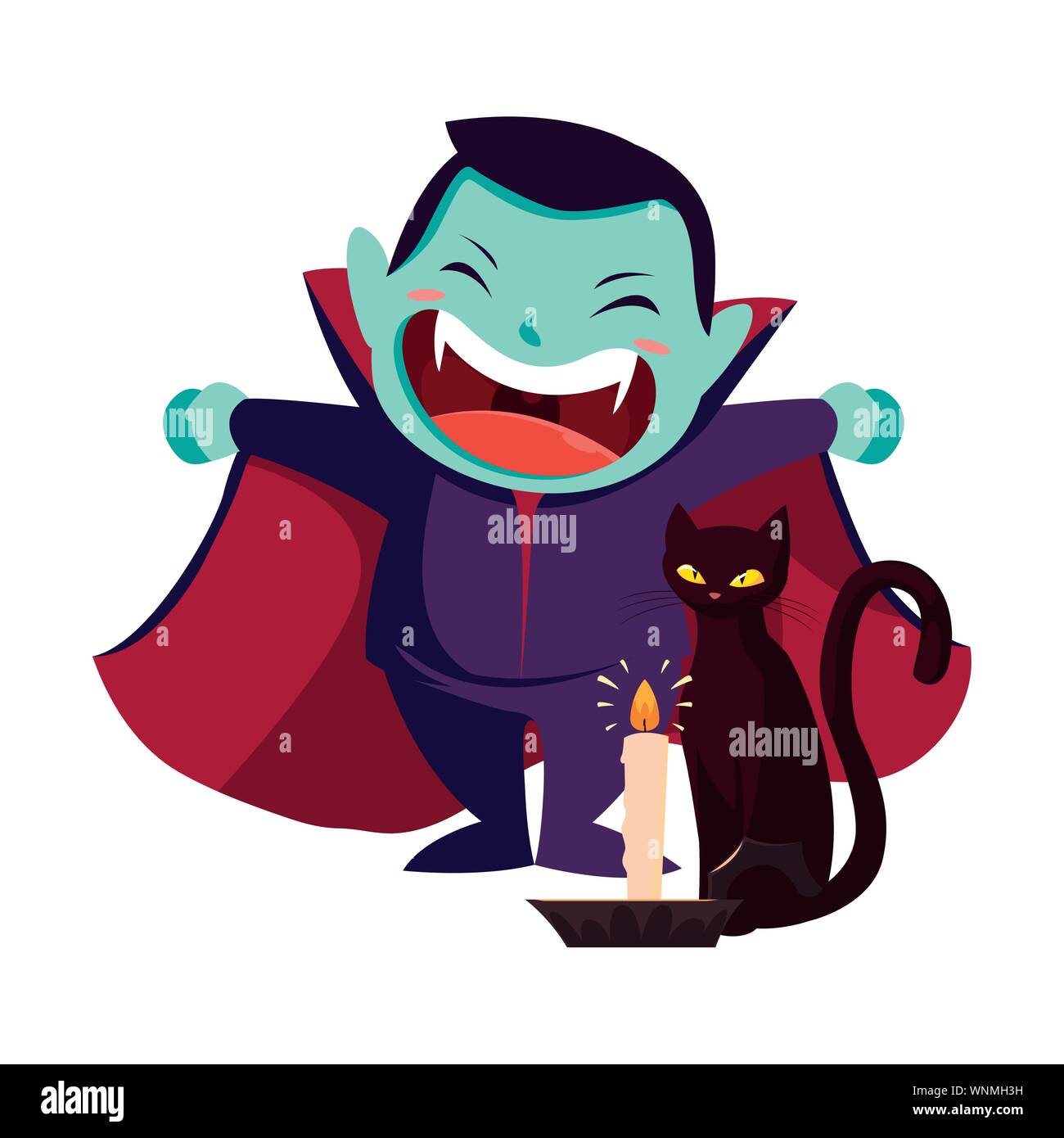laughing boy in halloween dracula costume with cat vector illustration ...