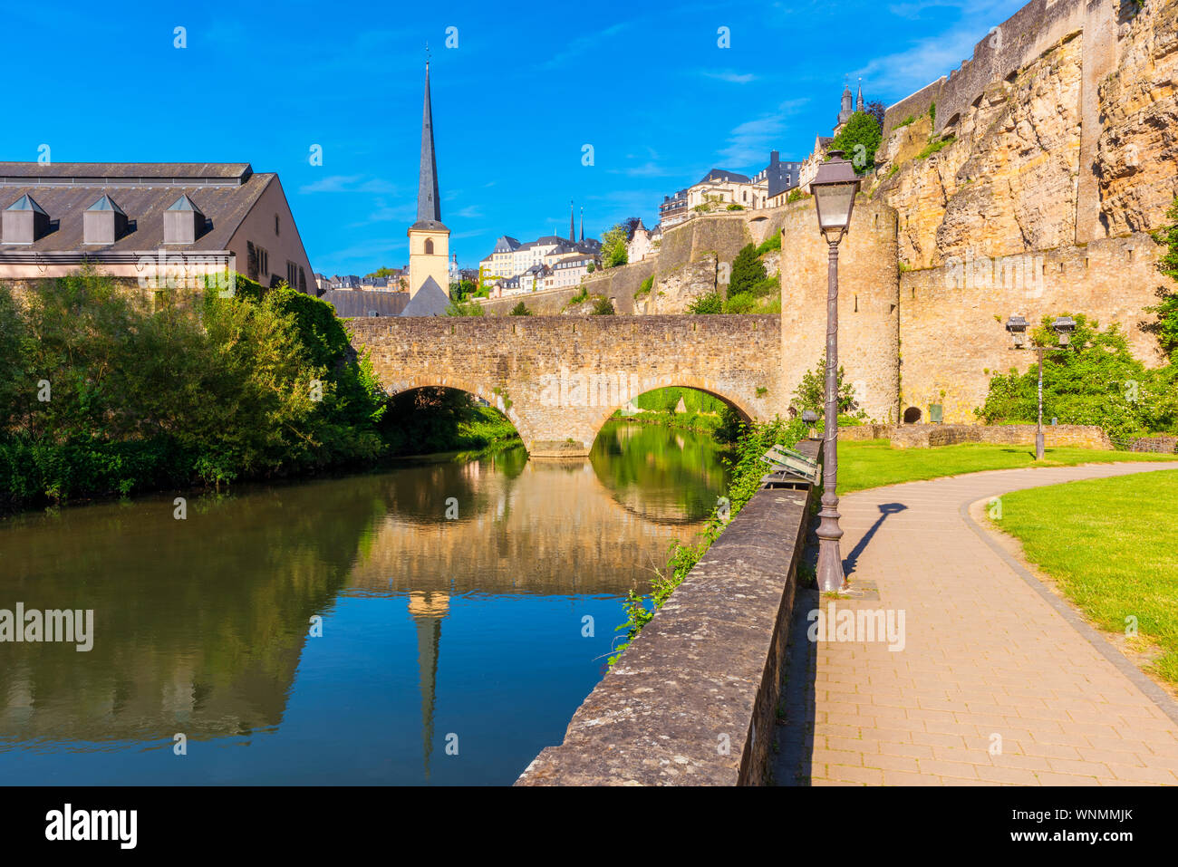 Bridge crossing Alzette River in downtown district of Luxembourg City, capital of Luxembourg Stock Photo