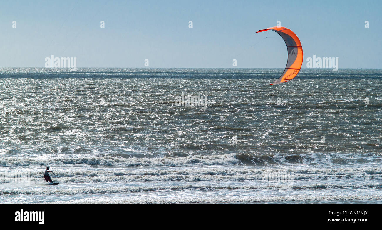 Kitesurfing at Aberavon Beach, Port Talbot, Swansea bay, Wales, UK. Stock Photo