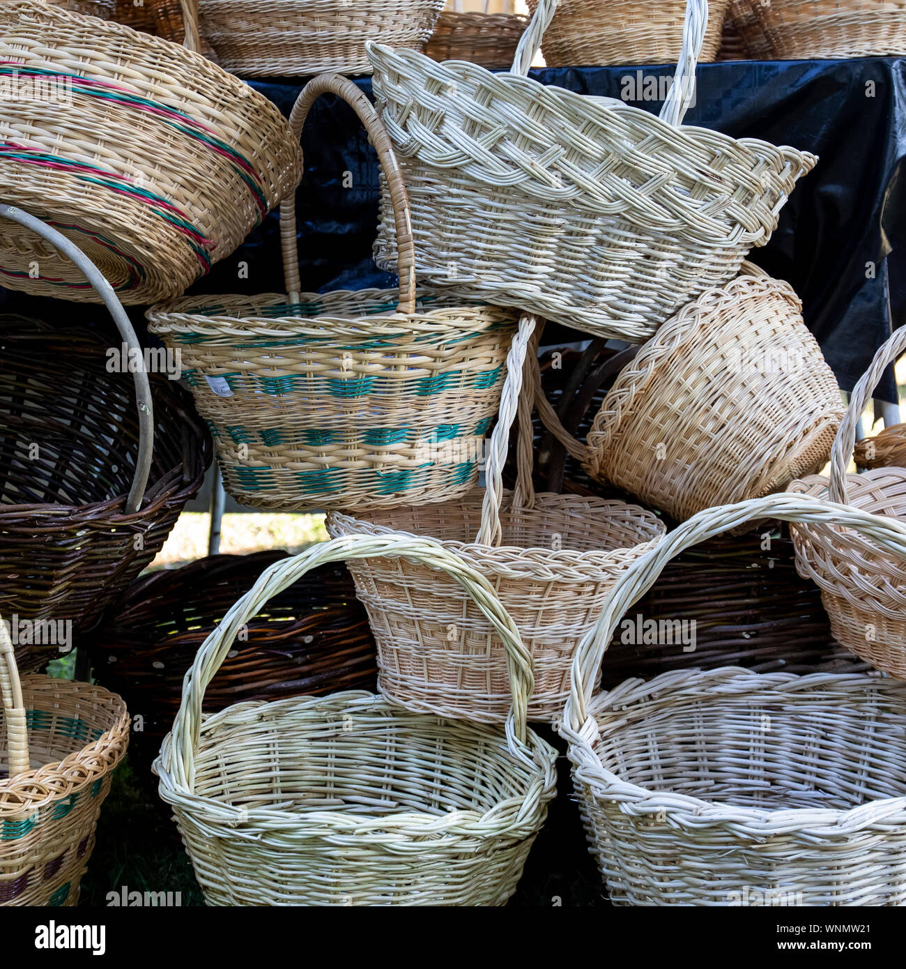 Wicker baskets, handmade with natural material. Handmade wicker products to maintain traditional crafts. Stock Photo