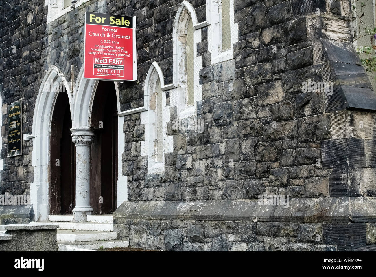 St. Luke’s Parish Church for sale sign board. Belfast, Ulster, Northern