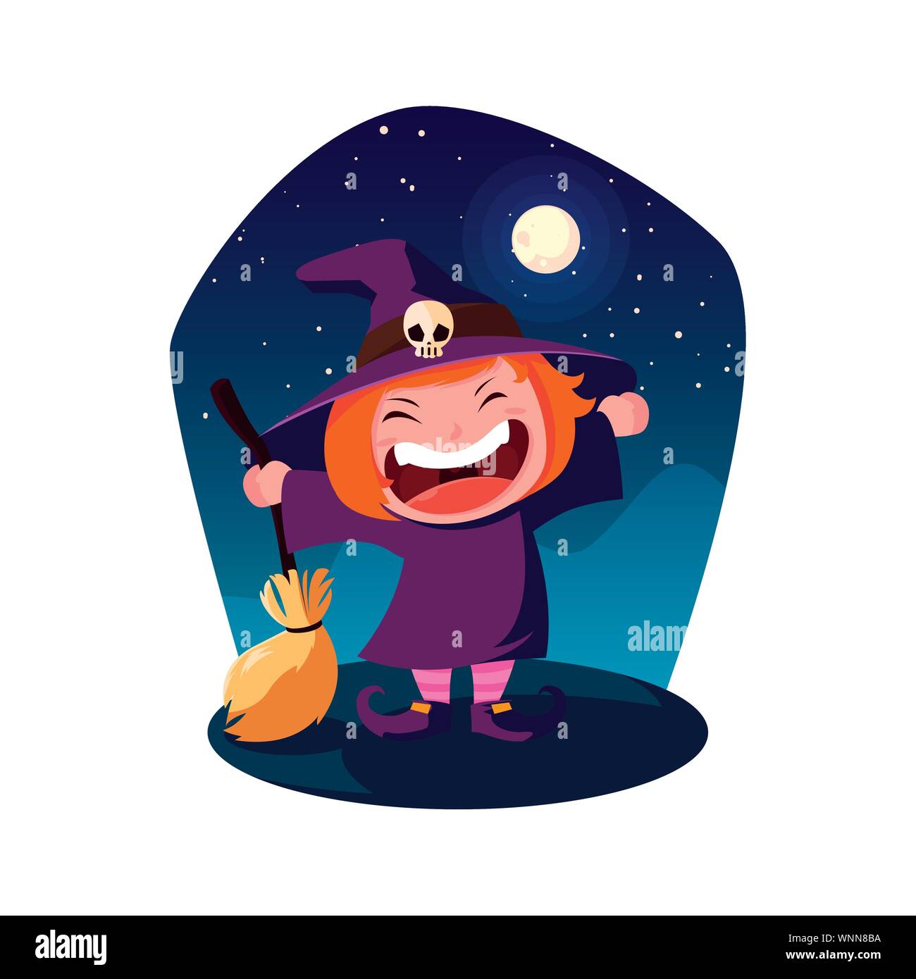 smiling girl in witch costume with broom halloween vector illustration ...