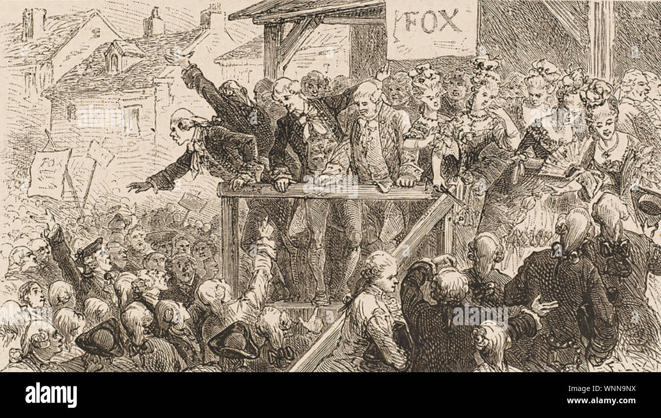 CHARLES JAMES FOX (1749-1806) on the hustings in his Westminster constituency in March 1784. Georgiana, Duchess of Devonshire at far right ran his campaign. Stock Photo
