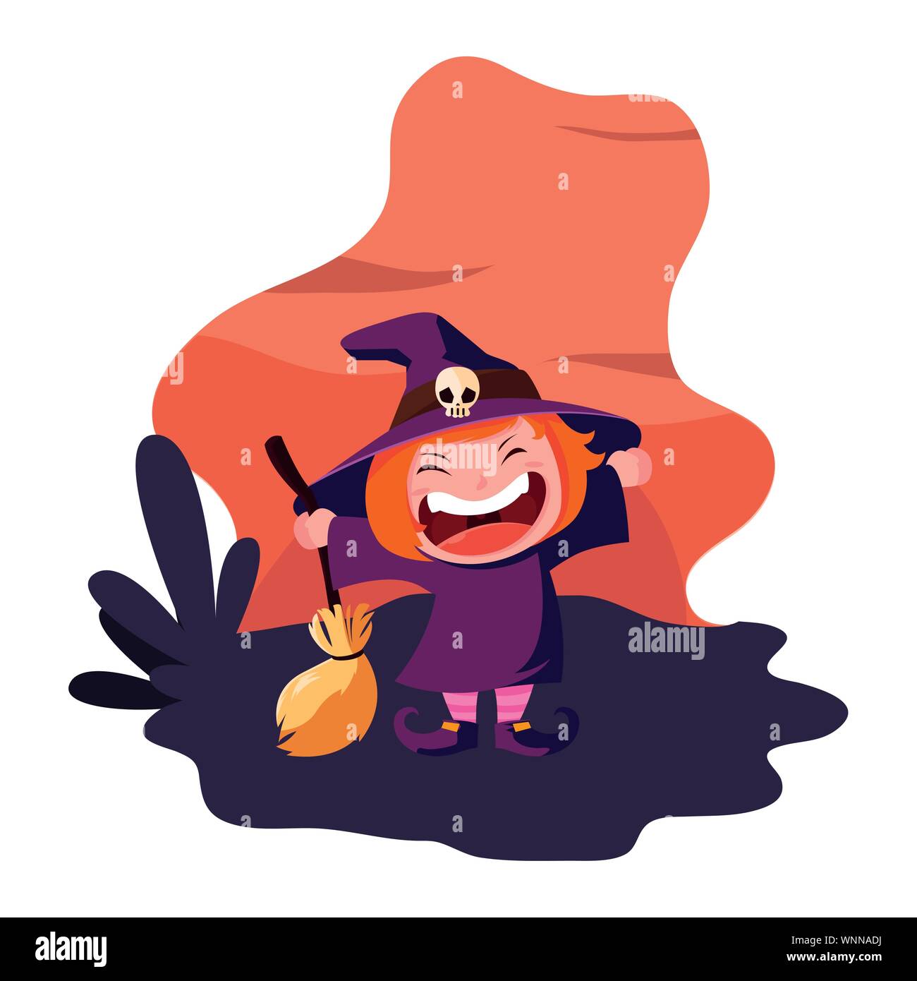 smiling girl in witch costume with broom halloween vector illustration ...
