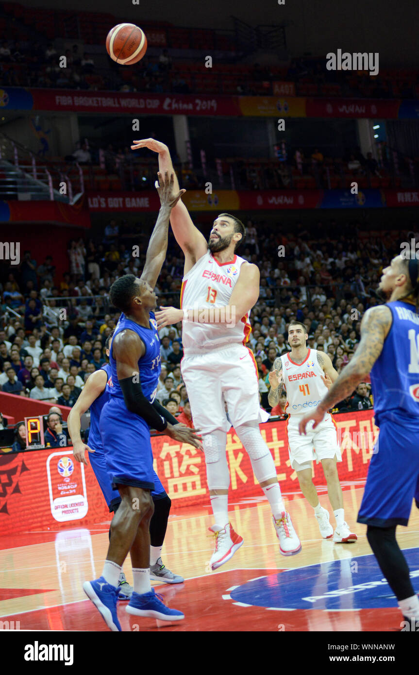 Marc Gasol (Spain) scoring against Italy. Basketball World Cup China 2019, second round Stock Photo