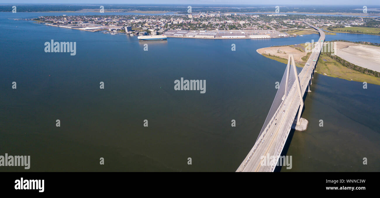 Aerial panorama of the Ravenel Bridge, Charleston Harbor, and downtown Charleston, South