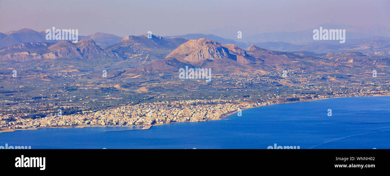 Panorama of Corinth city, Greece, aerial view. Stock Photo