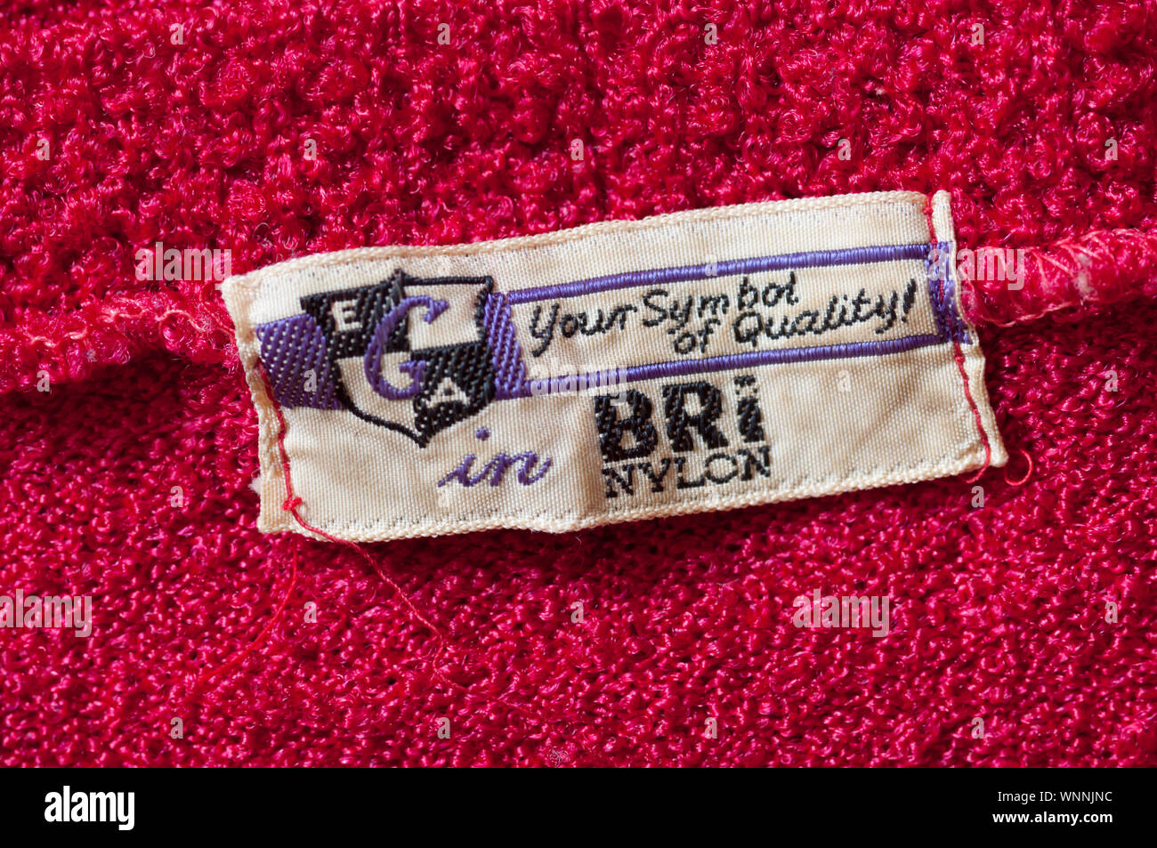 A bri-nylon label in 1960s or 1970s clothing. Stock Photo
